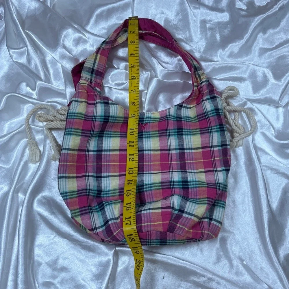 y2k Hobo Bag Pink Excellent American Eagle Plaid Rope Drawstring Canvas Tote
